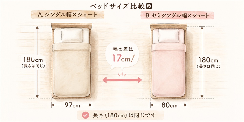 シングル幅×ショート（97×180cm）と、セミシングル幅×ショート（80×180cm）